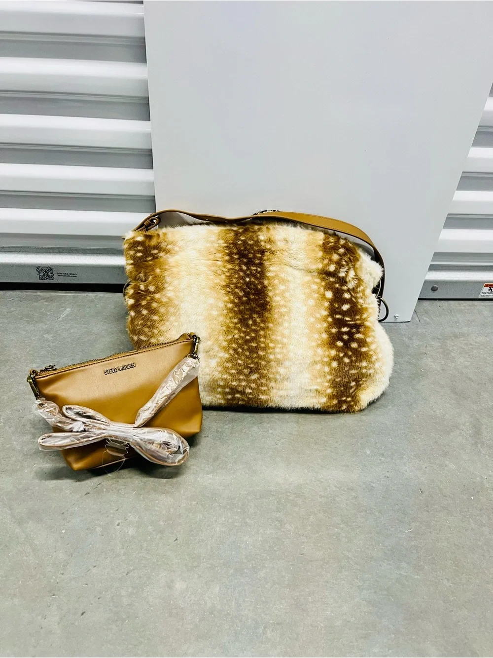 NWT viral Steve Madden Faux Fur Deer Print Hobo Bag + Matching Pouch -